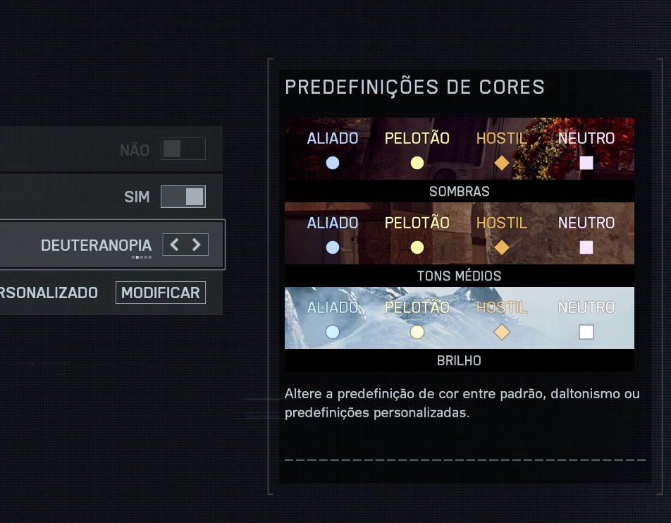Imagem da predefinição de deuteranopia, no jogo battlefield 6. Icones que eram de tons verde e vermelho agora são amarelados.