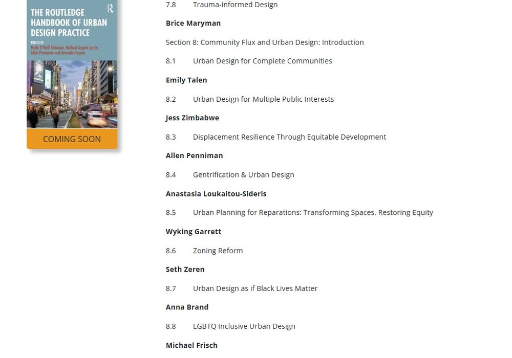 partial list of chapters and cover for the Routledge handbook of Urban Design Practice.