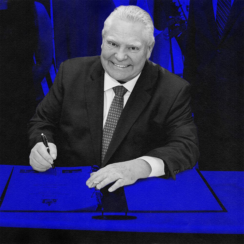 Photo of Doug Ford sitting down, signing a piece of paper in a binder. The colours are altered so everything is blue and black except Doug who is might brighter and whiter. 