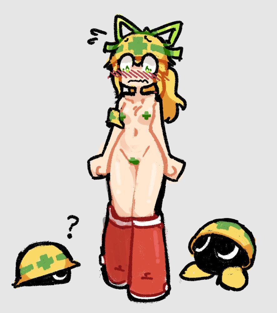 In this edit, Roll is wearing pasties on her nipples and crotch, themed with the green cross that mettaur helmets have.