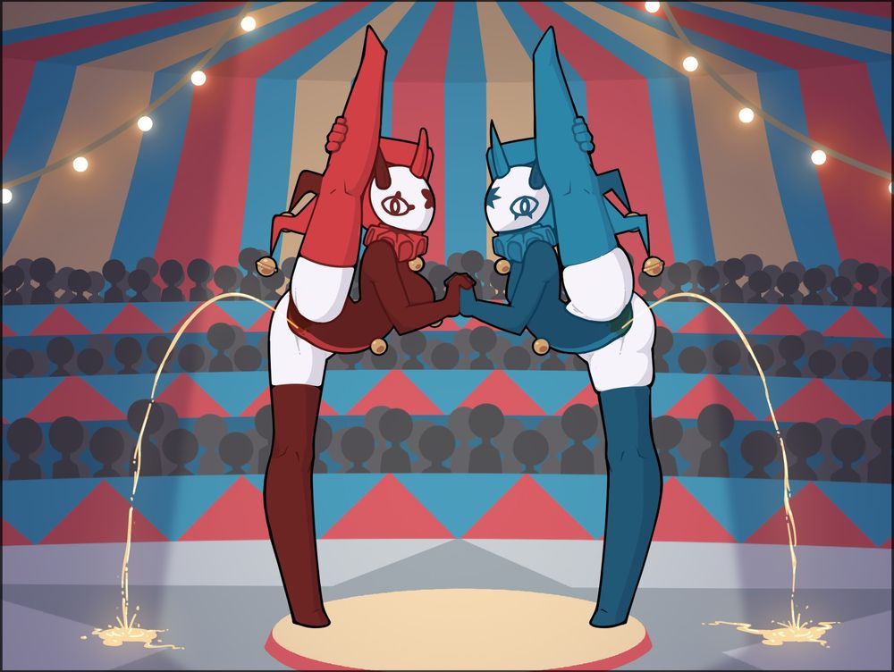In this edit, the jesters are urinating through their leotards.