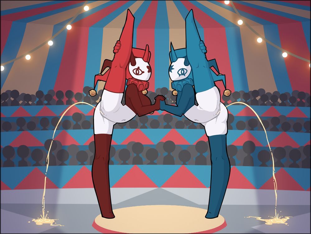 In this edit, the jesters are urinating while bottomless.