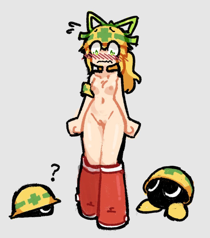 Roll, from the Megaman series, standing visibly embarrassed next to two mettaurs who are looking at her. She is naked, except for a mettaur helmet, a matching armband, and her red boots.