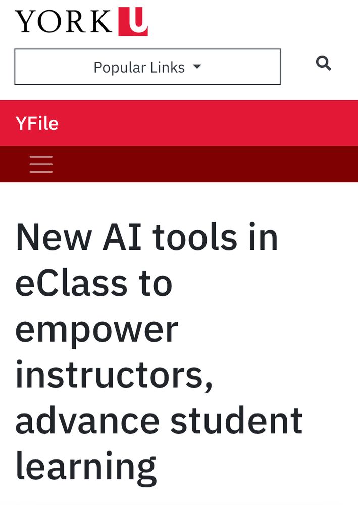 a screenshot from my university website; brand colours are red and white. this is the title of an article in the internal magazine, “New AI tools in eClass to empower instructors, advance student learning”