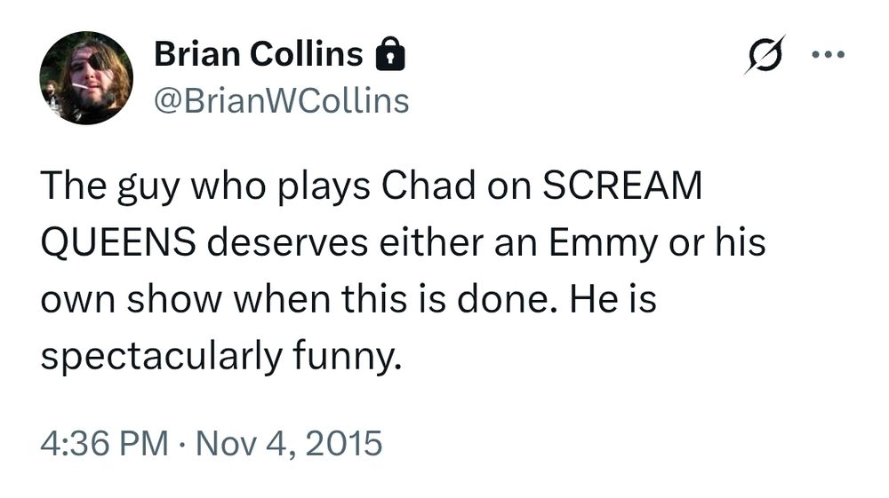 A 2015 tweet where I gush about Glen Powell thanks to SCREAM QUEENS