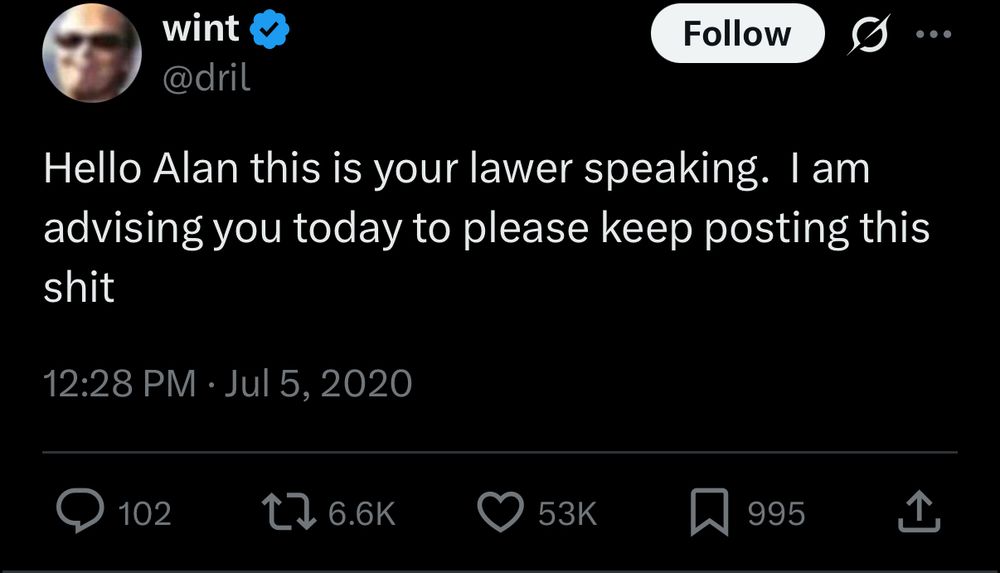 A post from Dril in 2020 mocking Alan Dershowitz for posting embarassing content 