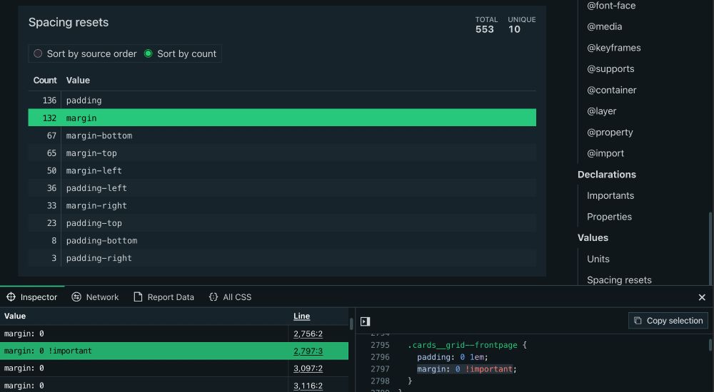Project Wallace analysis of CSS spacing resets. A table is shown with some CSS properties like margin, padding, margin-left, etc. The second table row is selected and down on the page is a devtools bar that shows all the related resets for the selected table row.