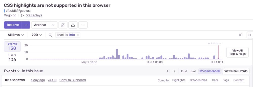 Sentry issue graph of browsers not supporting Highlight API.