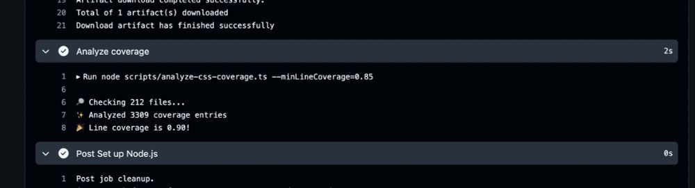 Part of the report of a GitHub Action. It shows a step called 'Analyze coverage'. That shows CLI output that apparently checked 212 files, found 3390 coverage entries and calculated CSS line coverage at 90%.