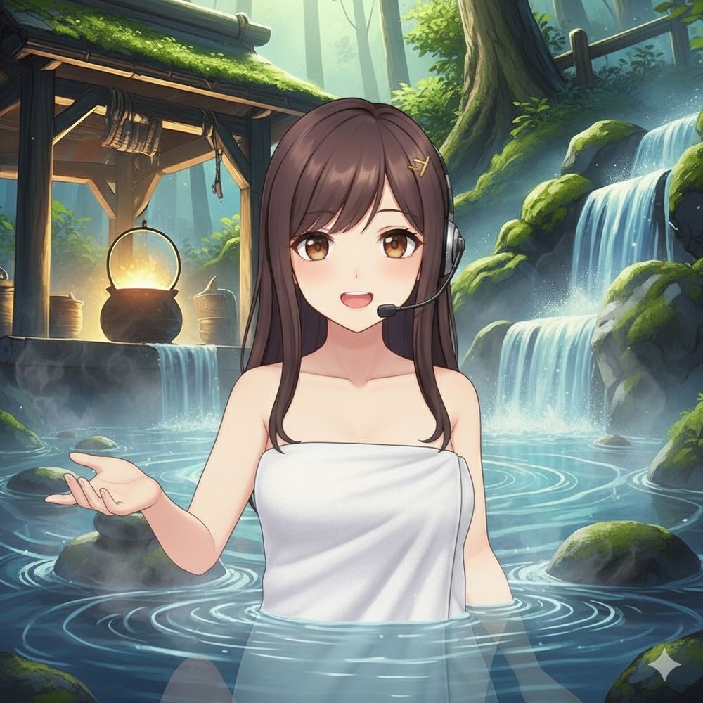 体にバスタオルを巻いたレポーターの女性(女性の画像参照)が冬至の昼間の温泉(昼間の温泉の画像参照)に浸かって温泉のレポートをしている。彼女はヘッドセットマイクを付けて「今日は冬至と言う事で、最近、話題になりつつある、秘湯の温泉に来ています」と言っている場面(台詞は描かない)。TV中継の様なバストアップポートレートの構図。背景画像右下の岩の白い部分を岩の表面に修正。フォトリアリスティックなアニメスタイル、3D レンダリング、非常に詳細で滑らかなシェーディング。