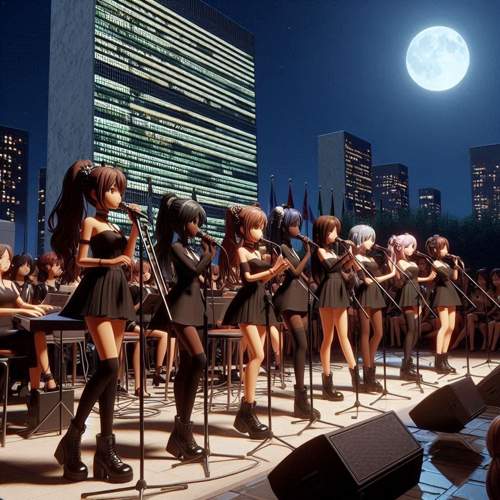 3D toon shaded anime illustration. At night, some ladies of different skin colors (black, brown, gray, yellow, and white) wearing black dresses are performing a live music concert in front of the United Nations building.
