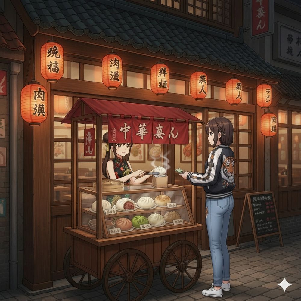 Highly detailed toon shaded 3D model anime illustration. A standing image of a woman in an A-pose wearing a sukajan jacket with a tiger embroidered on the back and jeans.
画像のスカジャンを着た女性の全身のAポーズ立ち絵素材。白い背景で1枚に正面を左側に背面を右側に配置。髪飾りを取り除く。スニーカーを履いている。
中華料理店の店頭(中華料理店の画像を参照)で店員(チャイナドレス女性の画像を参照)から客(スカジャンの女性画像を参照)が中華まんを買っている絵を生成。ワゴンにズームした画像。肉まんから湯気が立ち昇っている。店員の女性は右の方を見ている。