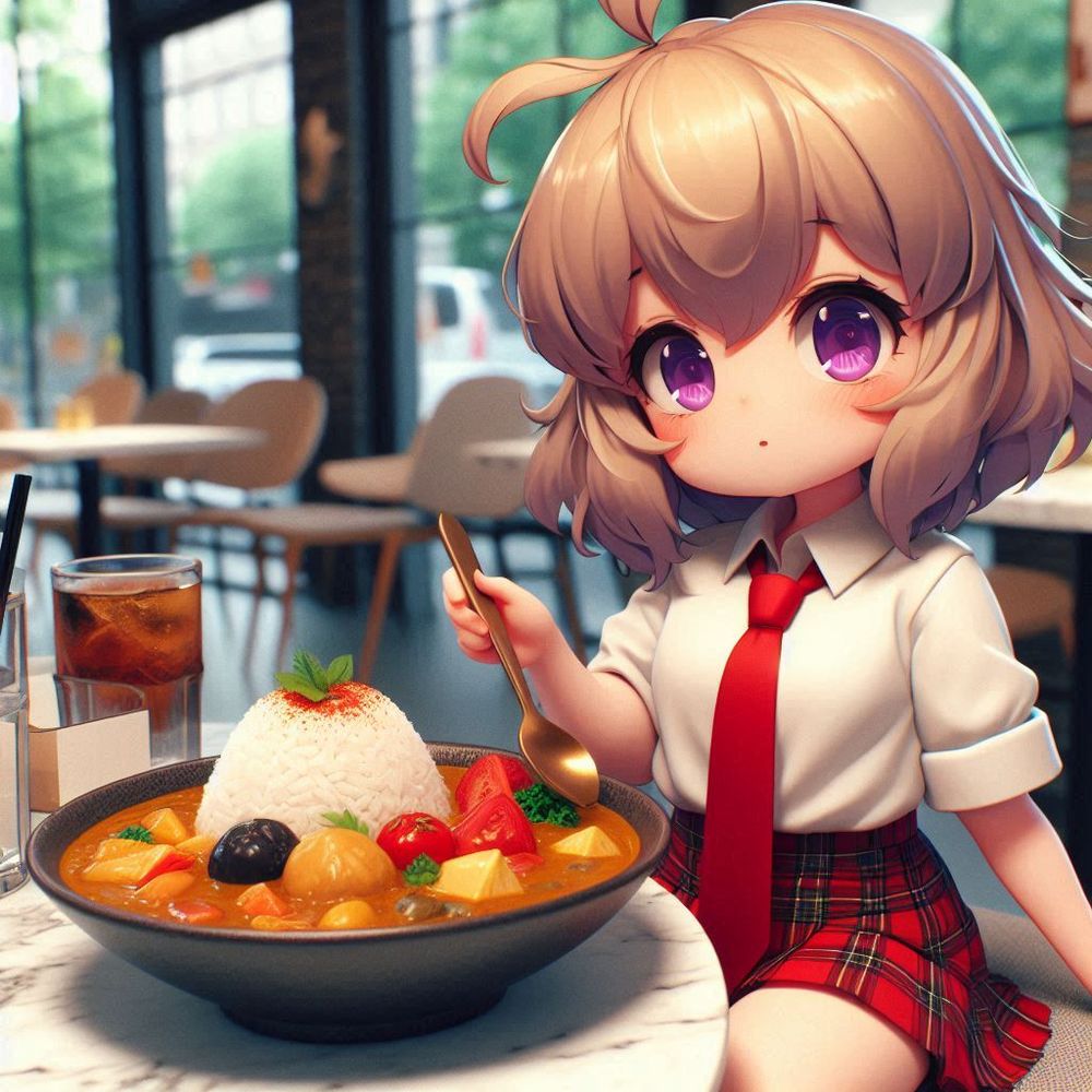 Highly detailed toon shaded 3D model anime illustration. A dwarf girl in a white dress shirt, red tie and red plaid skirt, eating delicious curry served on a marble table in a trendy coffee shop.