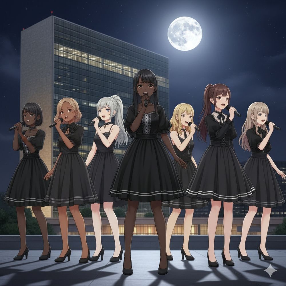6人のさまざまな肌の色(黒、茶、灰、黄、白)の人種と髪型(ショートヘアー、ロングヘアー、ソバージュヘアー、ポニーテール、ツインテール)の若い女性達(画像の女性を参考に肌色と髪型とドレスを個性的に派生)が白い縁取りの黒いドレスを着てアカペラライブコンサートを行っている。彼女達はそれぞれマイクを持って異なる姿勢で歌唱している。彼女達にズームしたポートレート。満月の夜の国連ビルの前の背景。何人かは黒やベージュのタイツを履いている。フォトリアリスティックなアニメスタイル、3D レンダリング、非常に詳細で滑らかなシェーディング。