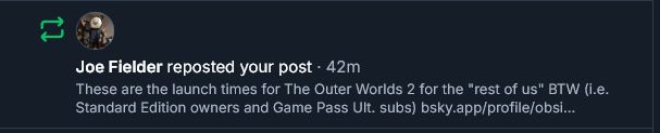 Joe Fielder, the The Outer Worlds 2's Principal Narrative Designer, has reposted my quote post. Didn't expect that.