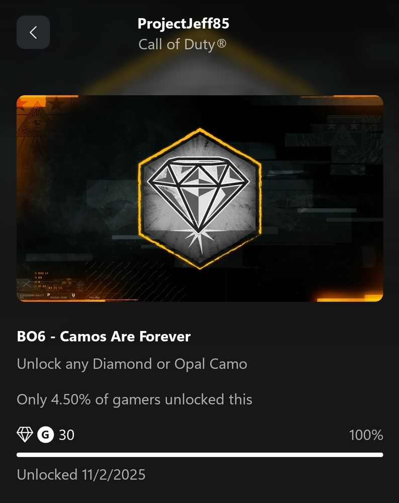 The "BO6 - Camos are Forever" Xbox achievement for unlocking any Diamond or Opal camo.