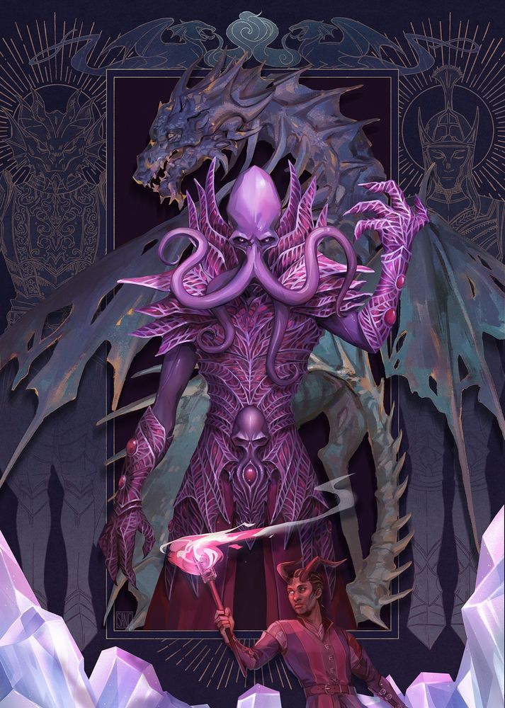 the emperor standing in front of ansur, framed by baldurans human form and ansurs dragonborn form. wyll is at the bottom holding a torch against crystals you see in the wyrmway trials. theres ma pair of dragons at the top which are the ones at the entrance of the trials.