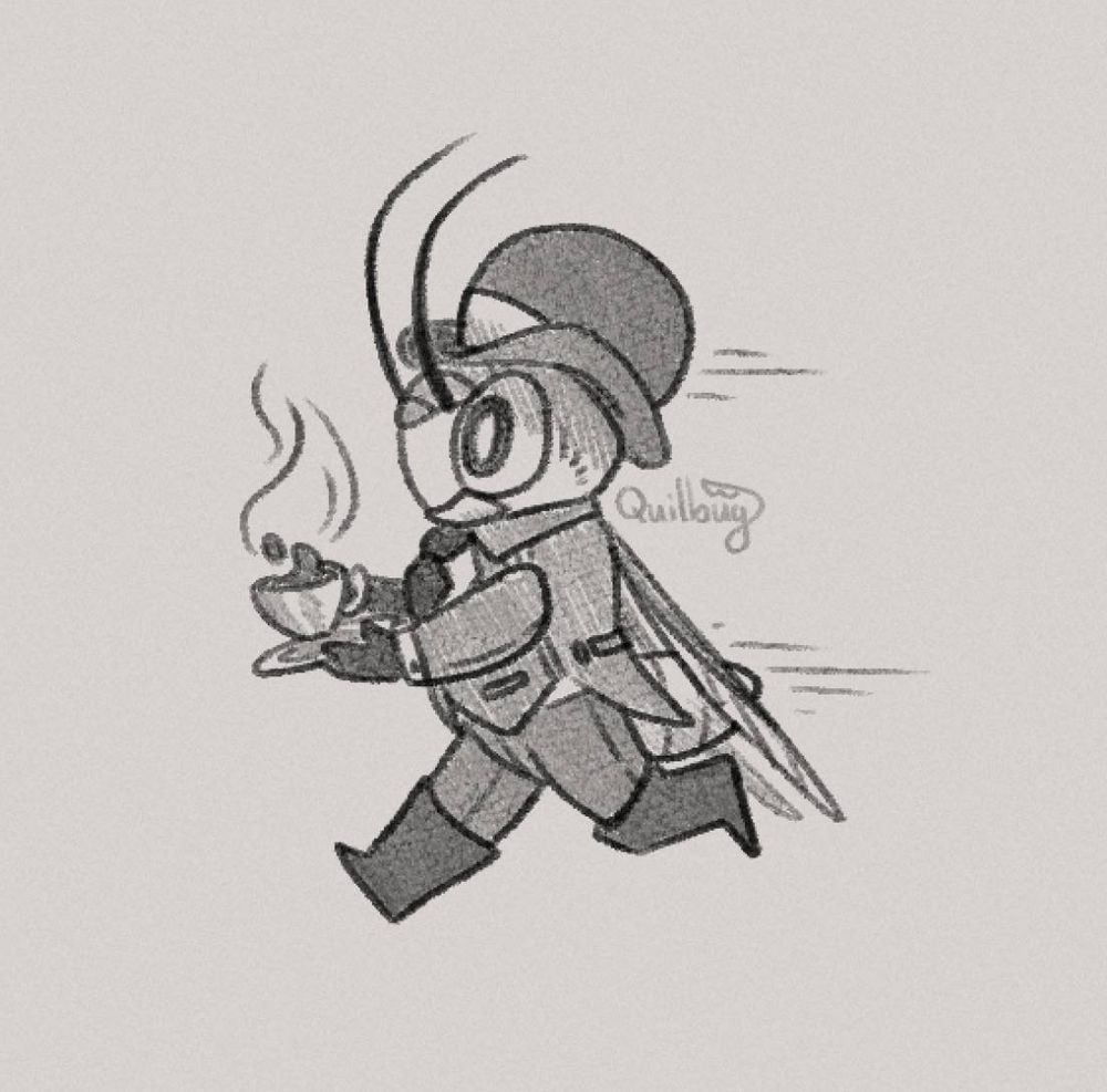 A sketch of Citson the cicada assistant running nervously to the left with a cup of tea in his hands. He wears a large bowler hat and a professional suit. 