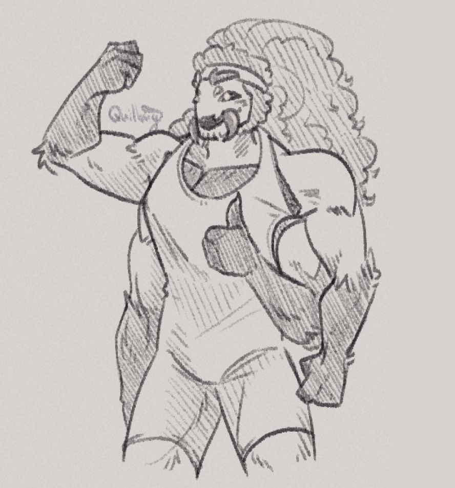 A sketch of Mateo, a buff Vornraxx gym trainer with tarantula like features, flexing and giving a thumbs up. Mateo has four muscly arms, chitin plating on his chest, mandibles beside his mouth and long curly hair tied behind a sweat band. He wears a combination shirt and short singlet that sits tightly on him. He has a friendly expression and general demeanor about him.