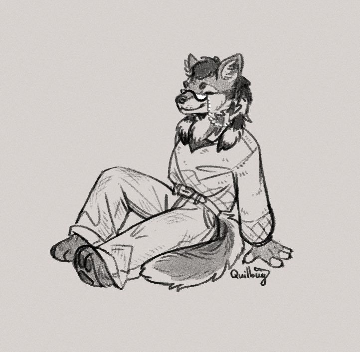 A sketch of Atlas the fox sitting, wearing comfortable clothes and a pleasant expression. They wear a cozy sweater, loose fitted pants and a pair of half-moon glasses with a thin chain.