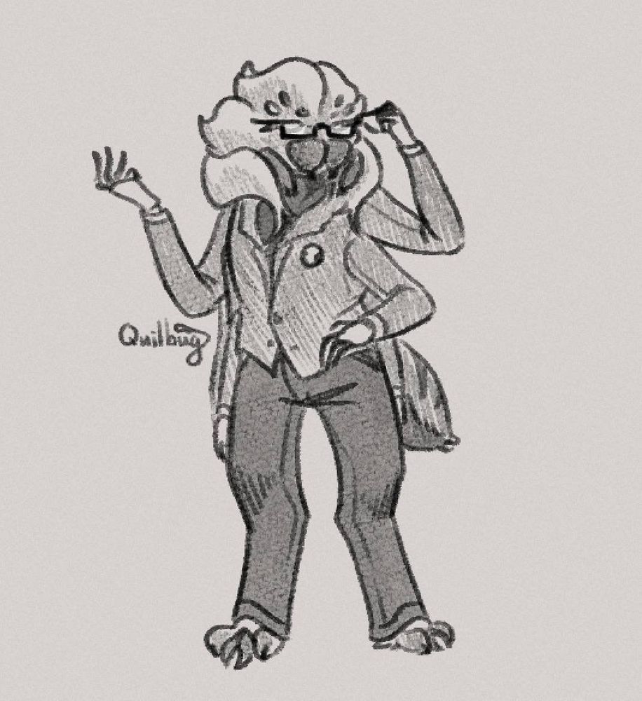 A sketch of Chazster the spider person looking professional and in charge. Their majestic head floof is swooped back revealing eight eyes behind square glasses. Their arms posed thoughtfully with one gesturing out and the other fixing its glasses. It wears a blazer tailored to its six arms and neat pants.