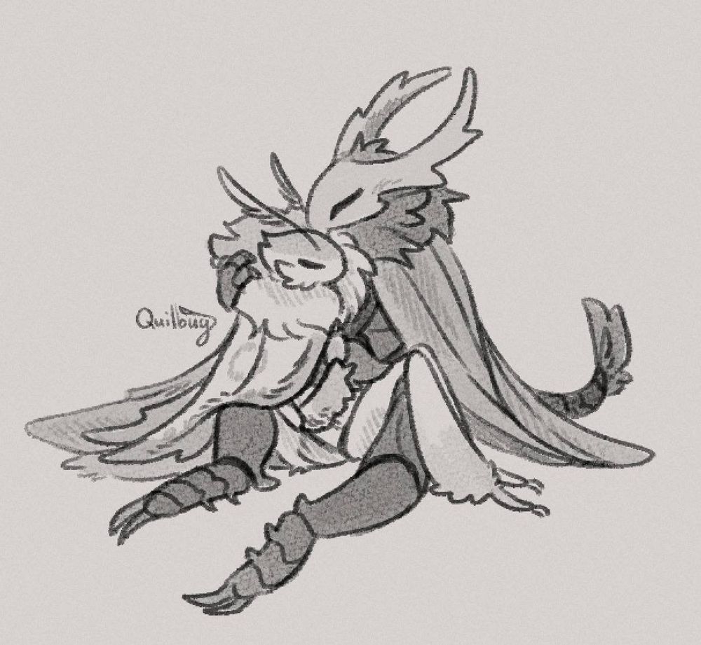 A sketch of Hera the beast insect holding her girlfriend Sable the moth person as she sits across Hera's lap. Hera has dragon type features, dark scaled chitin, floof running along her neck and back, and a white skull head with horns. Sable has very fluffy floof around her neck and on the ends of her limbs, her wings drape like a cape across her shoulders. 