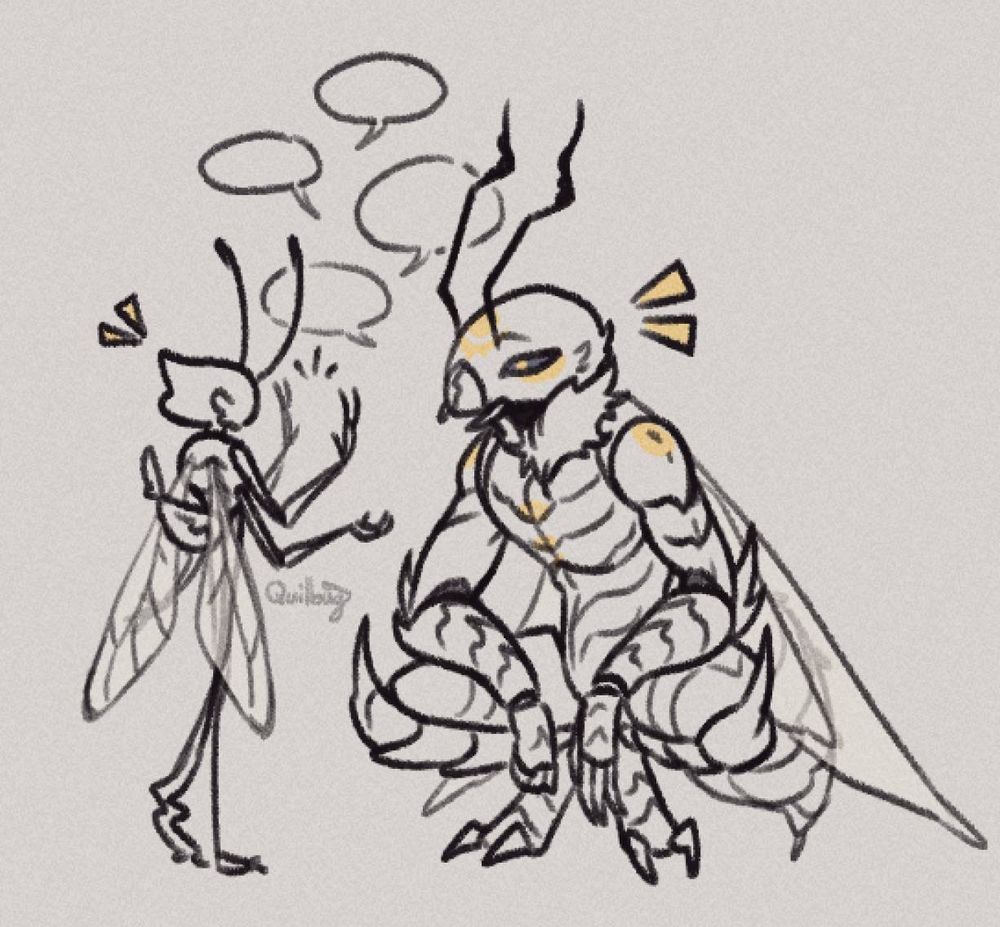 A doodle of Julius the wasp squatting down to be eye level with quilbug's insect persona as they chat. Julius is a very tall, buff wasp person with spikey chitin limbs, short fluff around his neck, sharp mandibles and triangular wings. Quil is a small bug with round shapes for their body and twig-like limbs. Julius is twice as tall as Quil and probably three times as girthy. 