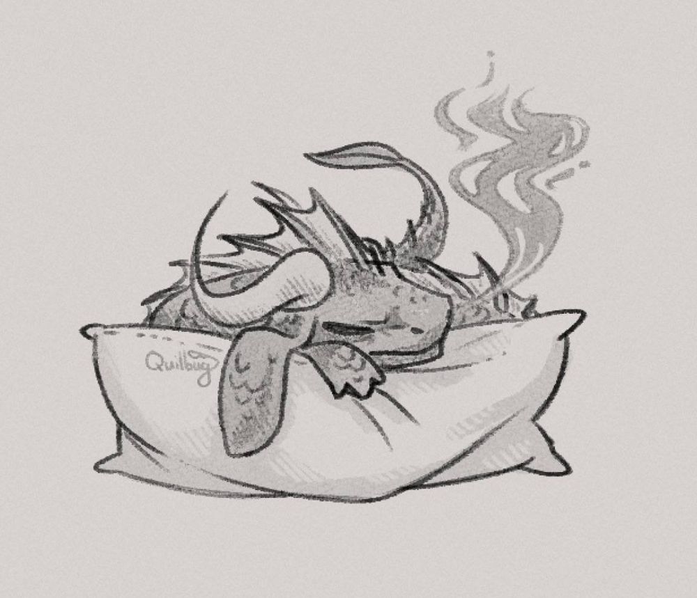 A sketch of Sitius the grumpy wyrm creature curled up sleeping on a soft pillow. Sitius has dark scales, small clawed hands, a fin along their spine, curly horns and long floppy ears. They have a grumpy expression on their face as they puff out smoke out of their nose. 
