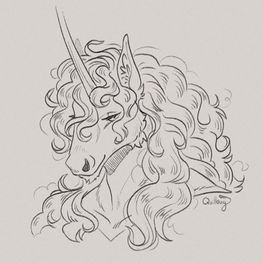 A portrait sketch of Sylvine the anthro unicorn. She has a fluffy, curly main cascading across her back and shoulders and curling around the features of her face. She has perked ears and a long slender horn on her forehead. She has a soft smile and half lidded eyes, giving her a gentle but knowing expression.