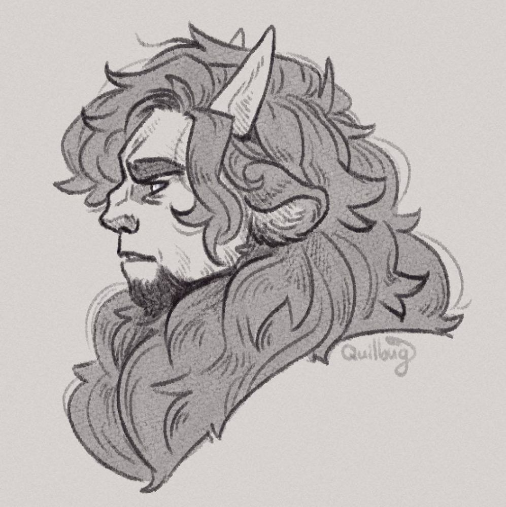 A portrait sketch of Scratch the ink-corrupted lion hybrid. The side portrait shows Scratch's fluffy mane, short horns and lion ears. He has strong facial features including thick eyebrows, a hooked nose, and dark goatee. His eyes are yellow with glowing white irises. He has an expression of concentration and a little anger. 