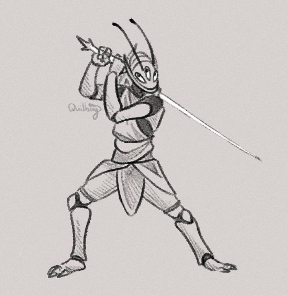 A sketch of Mori the Gerastropel, an insect like alien species. She stands ready with her Starlight saber. She wears simple, flowing clothing that wraps around her waist and over one shoulder. She has segmented limbs, thin antennae and three oval eyes.
