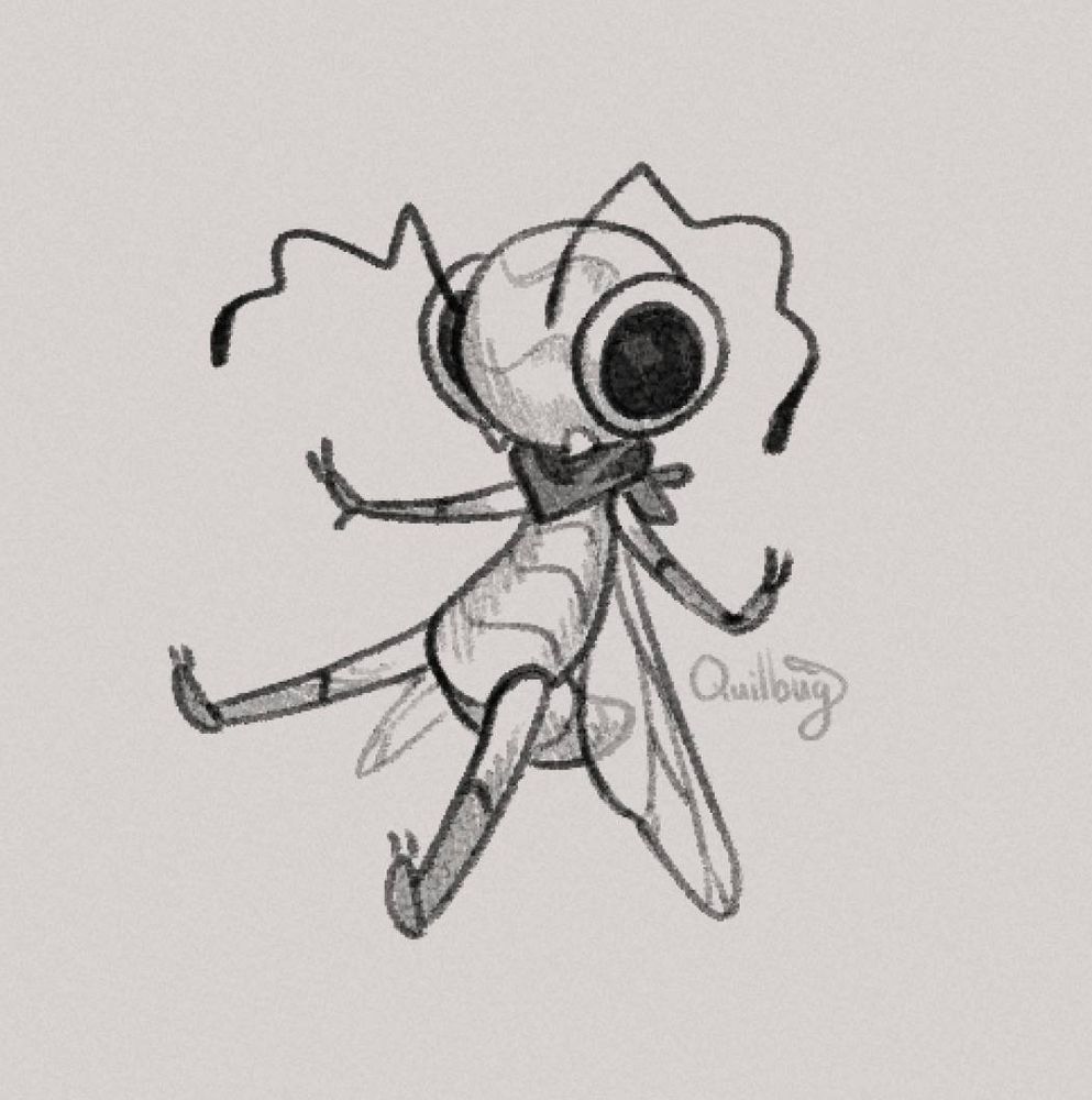 A sketch of Swap the bug floating thoughtlessly. Swap has simple, round features with big void eyes, squiggly antenna, little wings, abdomen and limbs all spread out as he floats. He wears a little black bandanna around his neck.