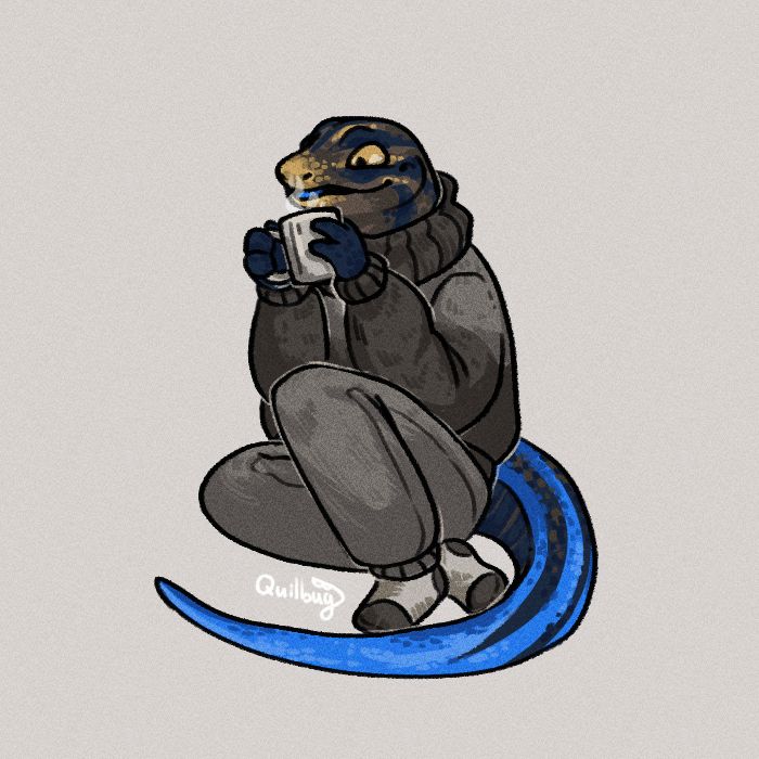 A coloured character illustration of Byrup the five-lined skink sitting with a hot drink in a mug. He is mottled browns and yellows with dark blue lines running from his snout down to his tail, which brightens into a very saturated blue. He is cozied up with a warm sweater, pants and socks, and pulls his limbs in close for warmth. He seems excited to take a sip of his drink.