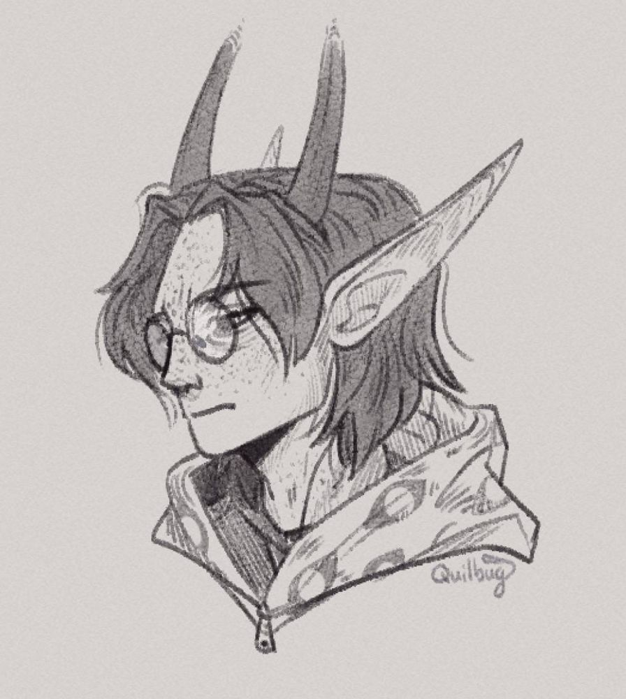 A portrait sketch of Kazimir, a humanoid with long pointed ears and horns. The portrait shows his straight hair just above shoulder length, with bangs framing the sides of his face. He has freckles and black eyes with green irises and slitted pupils, and wears rounded glasses and a zip up hoodie with eye patterns. He has a serious, slightly pained expression.