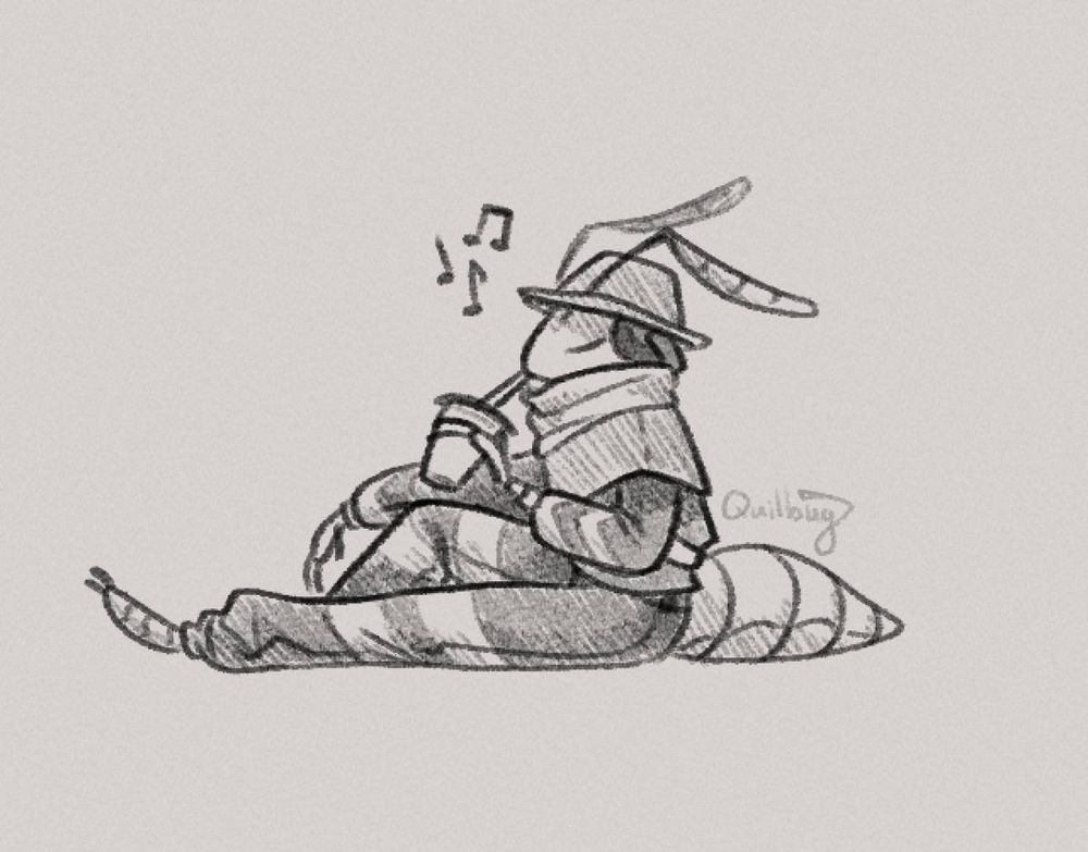 A sketch of DJ Cy the termite person sitting to sip on a drink and vibe to music. She is fully covered up with a loose fitted pair of pants and shirt, both with arrow stripes near the ends, a short poncho and neck gaiter pulled down to her neck, and a bucket hat. She listens to music through her headphones and sips her drink from the straw.