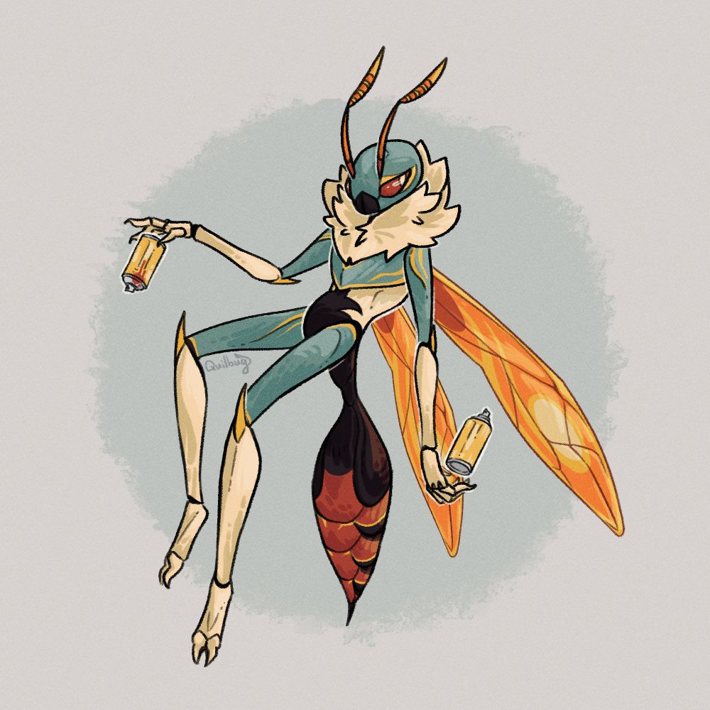 A coloured illustration of Quill the needle waisted paper wasp. He has a teal coloured head, chest, and forelimbs with yellow markings, white fluff, waist and end of lmbs, and his stomach and abdomen is black with some red chitin plates. He has bright orange wings with white and yello markings, red eyes and orange antenna striped with red. He is posed in a floating position with two spraycans floating above one hand and below another, one spraycan is marked with red.