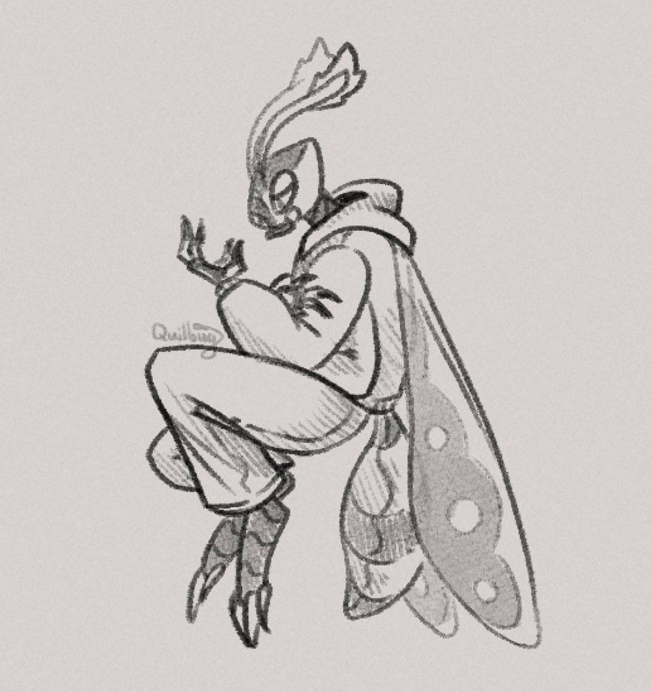 A sketch of Ari the Sierzu, a human who had transformed into a bug-like alien species. The sketch depicts them floating with their limbs pulled in close, looking at their clawed hand with a mixed expression. Ari wears a hoodie and loose fitted pants with their striped abdomen and patterned wings sticking out the back.