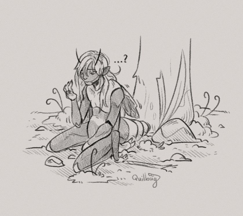 A sketch of Symon the Cicada Miinu sitting groggily on the ground beside a mushroom stem, looking at this hand with a drowsy, confused expression. His hair is down and messy, his body is segmented and his wings are not yet unfurled. 