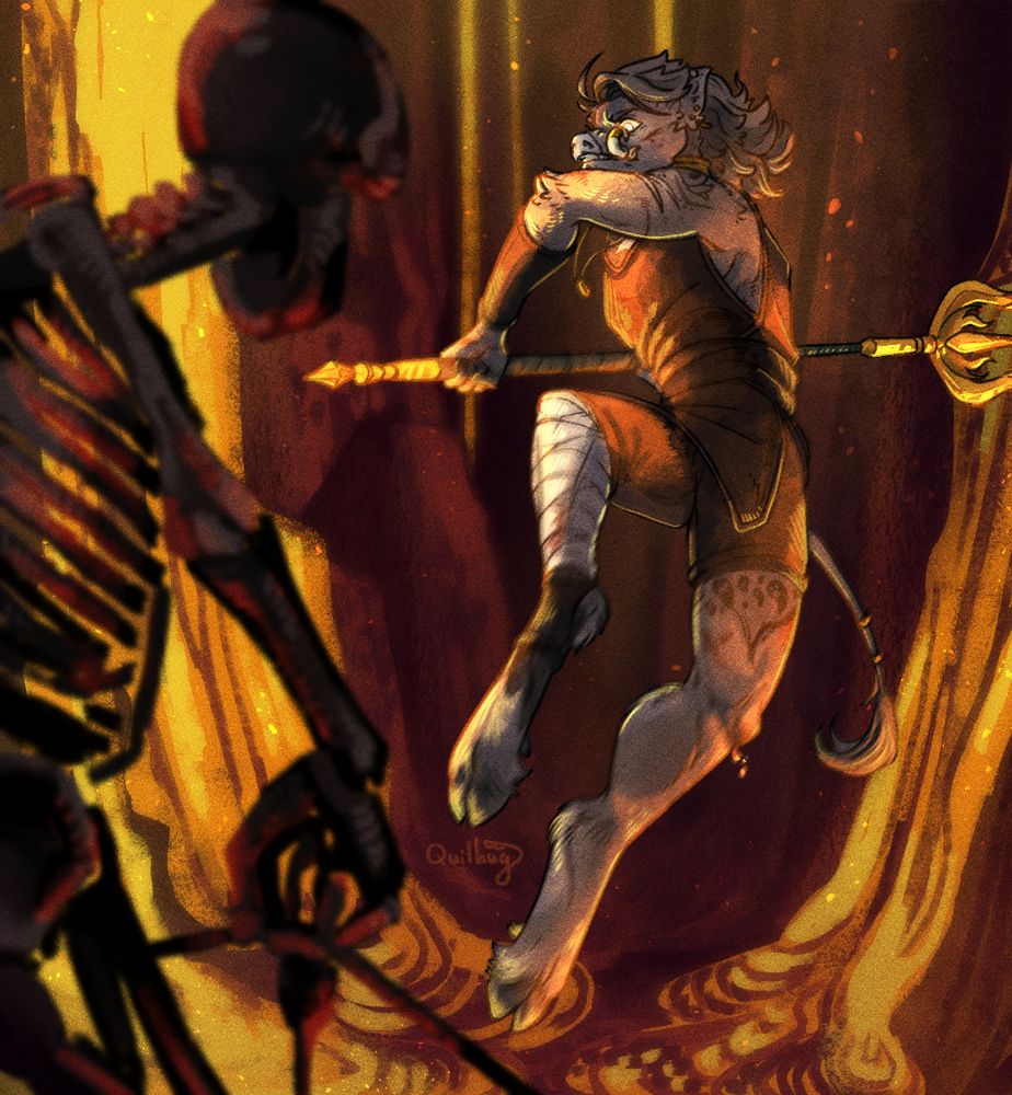 A coloured illustration of Dereck the piglin jumping over lava toward a wither skeleton, readying his trident to strike as the wither skeleton draws its bow. Dereck has grey fur with withering scars on his right side. He wears a simple brown tunic and pants and leather bracers. His right leg is bandaged and has a brace on the ankle.