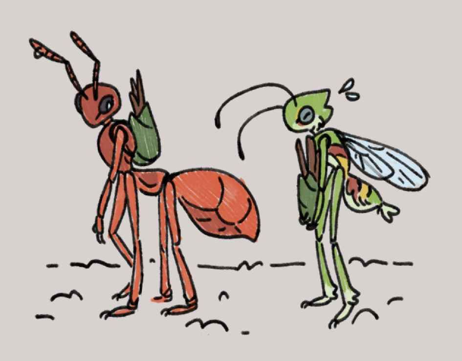 A roughly coloured sketch of Quilbugs insect persona helping Triplexxor's ant character, Amelia, carry supplies a long distance. Quilbugs persona is mostly green with red and yellow striped along its back and abdomen. Amelia has a centaur type design with four pairs of legs and one pair of arms. She is mostly red, and has a ring through her left antenna. Amelia is unbothered by the long journey, while quilbug struggles and sweats behind her.
