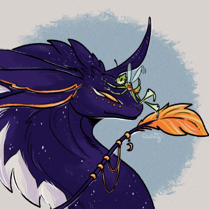 A coloured illustration of quilbug's insect persona giving a tiny hug to their dragon friend Zodiax. Zodiax is a beautiful astral dragon with dark purple fur speckles in little star-like spots. A line of spikey fur runs down their back, with some white nearing the base of the neck. They have three ears lined in bronze and a curved horn on their forehead. Their eyes are shining orange and they have orange sensors dotted from the nose, under the eyes and to the middle ear. An antenna adorned with bronze rings and chains and ending in a tuft of orange floof lifts Quil up. Quil is a little insect person, mostly green with red and yellow bands on their back and abdomen. They have four arms, two twiggy legs and transparent wings. They are tiny compared to Zodiax, and gives their head a tiny hug.