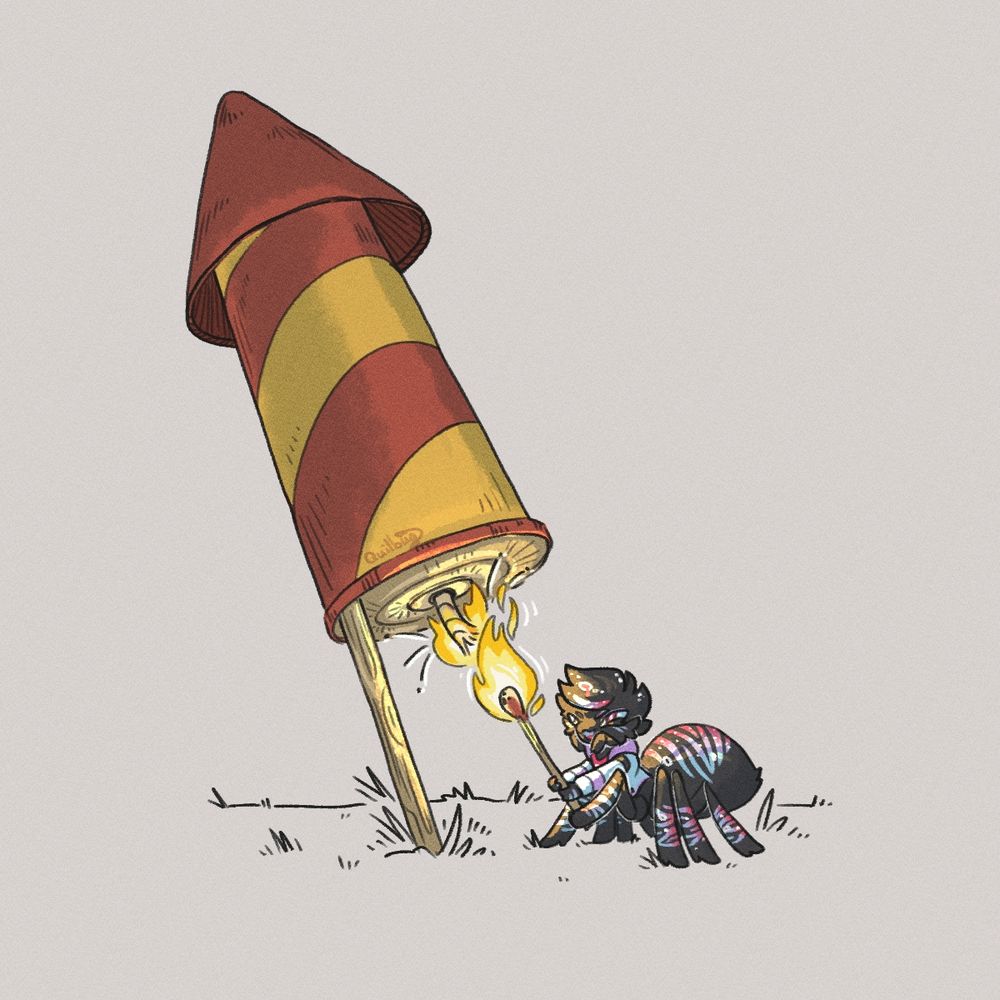 A coloured character illustration of Sear the spider person sneakily lighting up the fuse of a firecracker with a lit match. Sear is a fluffy spider-taur person that is mostly dark grey with blue, purple and pink stripes. He wears a pink shirt and a purple and blue hoodie. The classic red and yellow striped firecracker is stuck in the ground with a stick, Sear is a quarter of its size. 