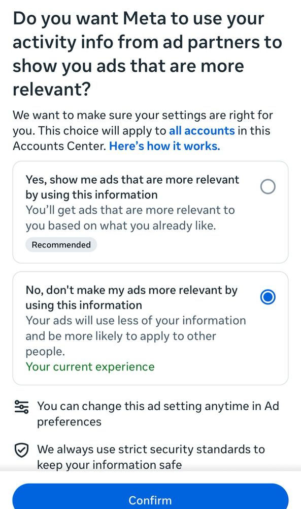 Notification screenshot saying Do you want Meta to use your activity info from ad partners to show you ads that are more relevant?