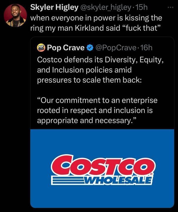 Screenshot of a tweet by Skyler Higley with the caption: 'when everyone in power is kissing the ring my man Kirkland said "f*** that."' Below it is a retweeted post from Pop Crave that reads: 'Costco defends its Diversity, Equity, and Inclusion policies amid pressures to scale them back: "Our commitment to an enterprise rooted in respect and inclusion is appropriate and necessary."' The image includes the Costco Wholesale logo on a blue background.