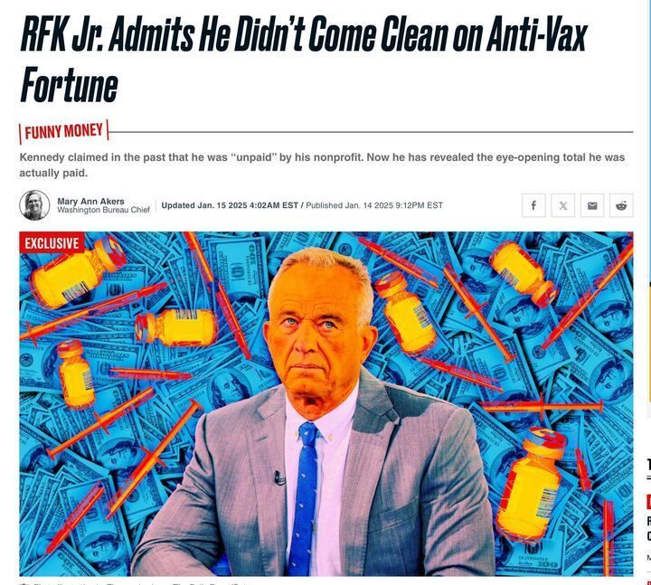 News headline about RFK Jr. admitting he did not disclose earnings from his anti-vaccine nonprofit, with an image of RFK Jr. in a suit against a colorful background of money, syringes, and vaccine vials.