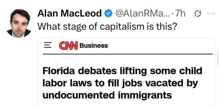 The image is a screenshot of a post on X by a user named Alan MacLeod (@AlanRMa
...). The post reads: "What stage of capitalism is this?" Below this, there is a headline from CNN Business that states: "Florida debates lifting some child labor laws to fill jobs vacant by undocumented immigrants." The post was made 7 hours ago.
