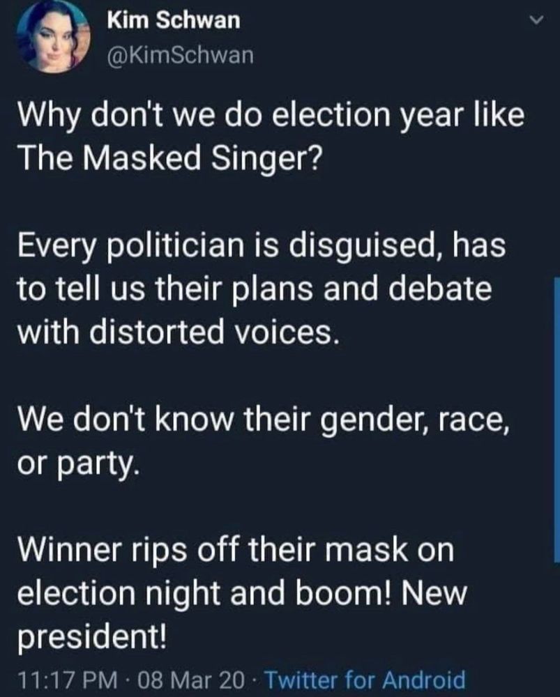 Tweet from Kim Schwan

Why don't we do election year like The Masked Singer? 

Every politician is disguised, has to tell us their plans and debate with distorted voices.

We don't know their gender, race, or party. 

Winner rips off their mask on election night and boom! New president!

