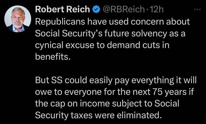 Screenshot of Robert Reich's tweet about Social Security and politics.