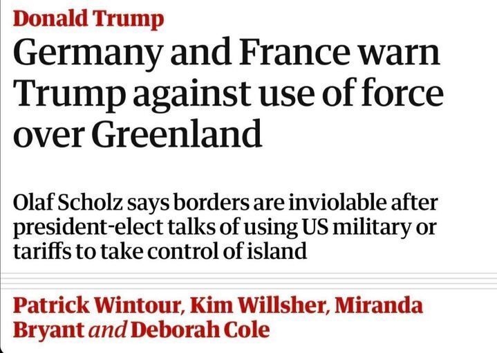 News headline about Germany and France warning Trump against using force over Greenland.