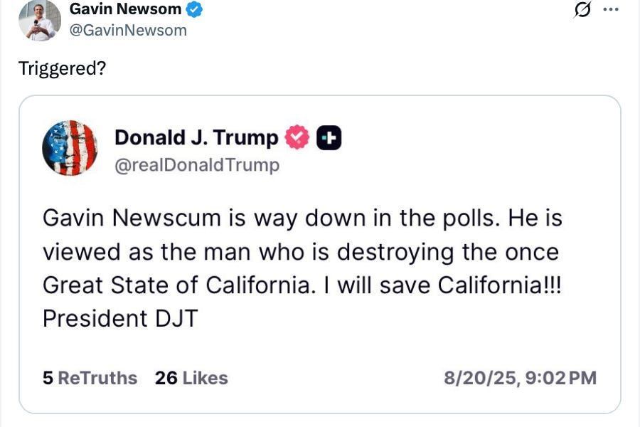 On Thursday, in the wake of the Texas House passing its mid-decade, Trump-mandated gerrymander of congressional districts, California Gov.